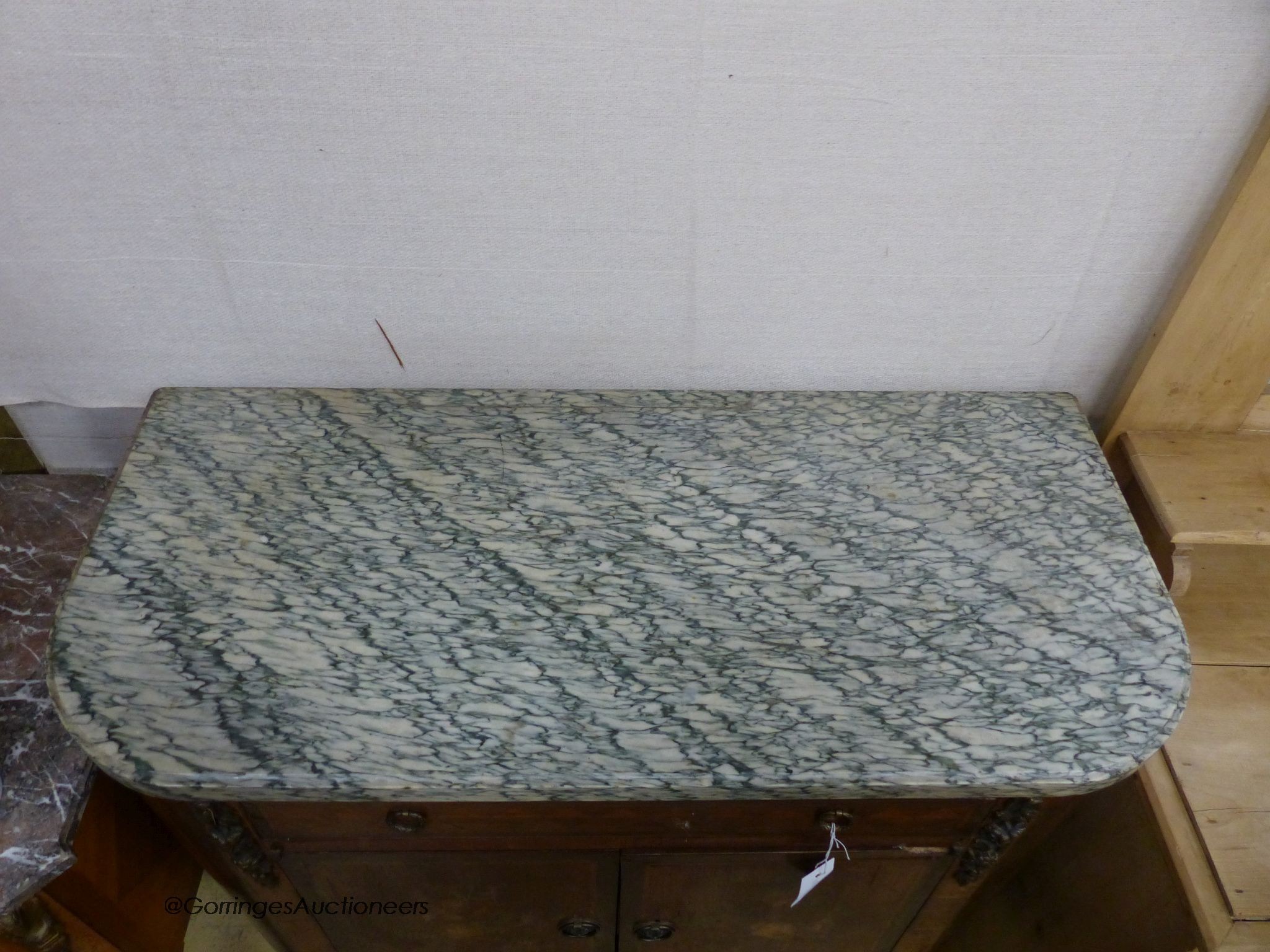 A French green marble topped commode, width 93cm, depth 41cm, height 92cm